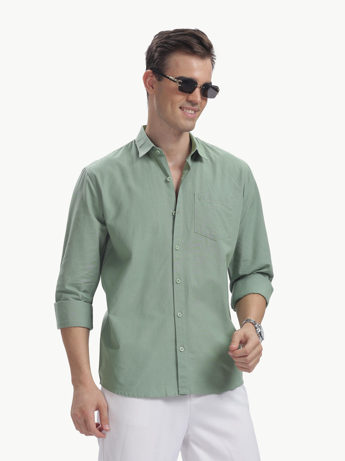 Image of BLUE SQUAD Men Solid Casual Green Shirt