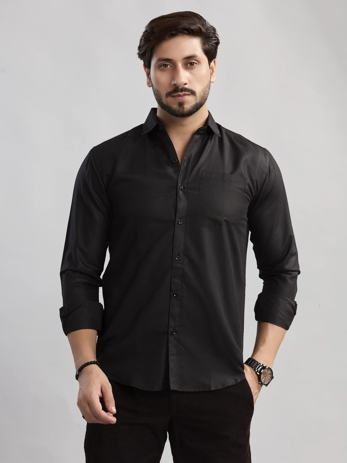 Image of STONEBERG Men Solid Formal Black Shirt