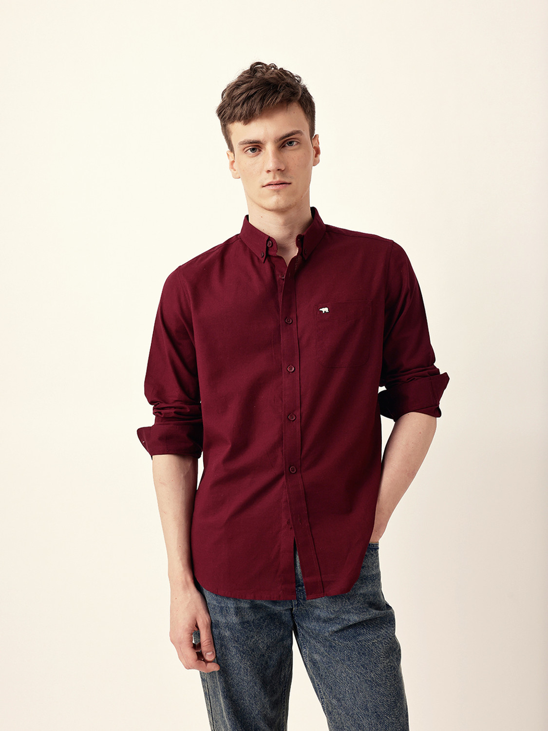Image of THE BEAR HOUSE Men Solid Casual Maroon Shirt