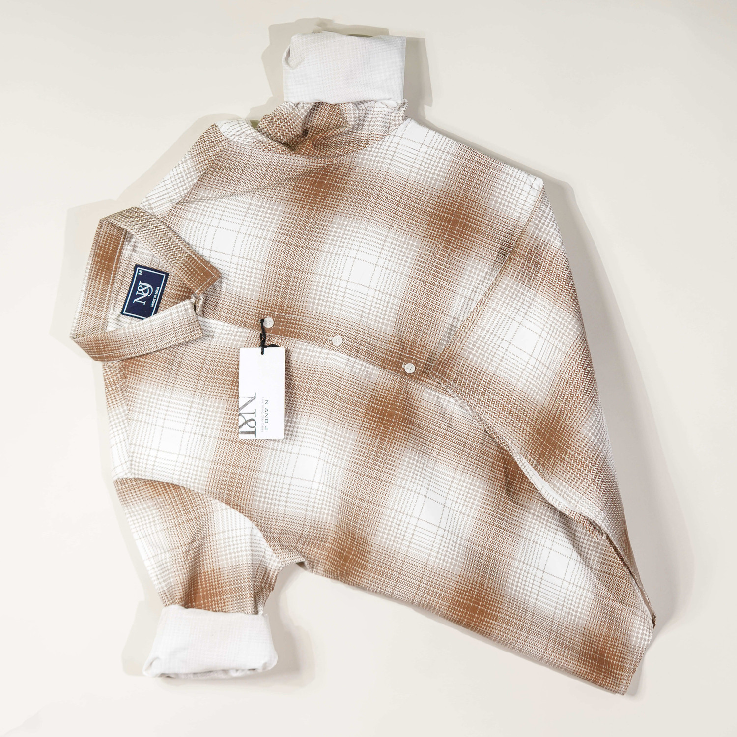 Image of N AND J Men Checkered Casual Brown, White Shirt