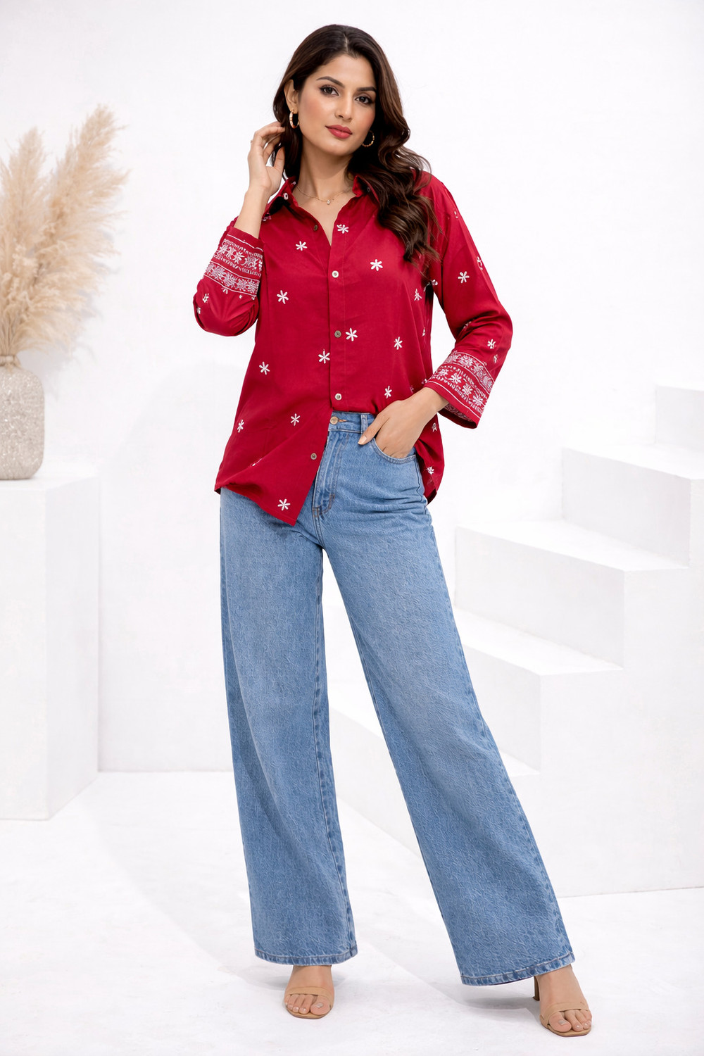 Image of Tzelynn Women Solid, Embroidered Casual Red Shirt