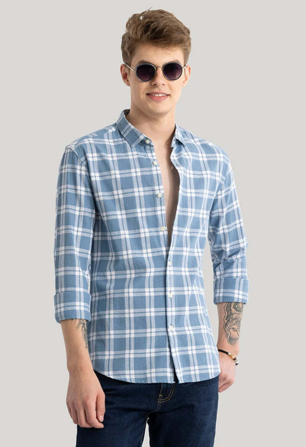 Image of METRONAUT Men Checkered Casual Light Blue Shirt