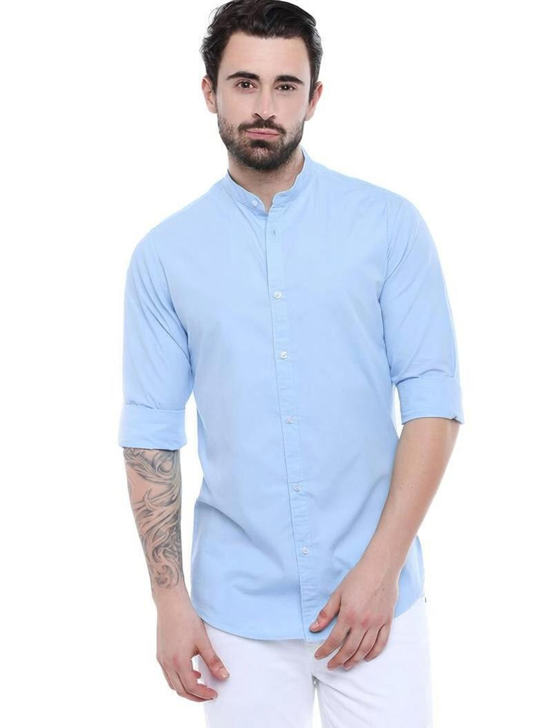 Image of METRONAUT Men Solid Casual Light Blue Shirt