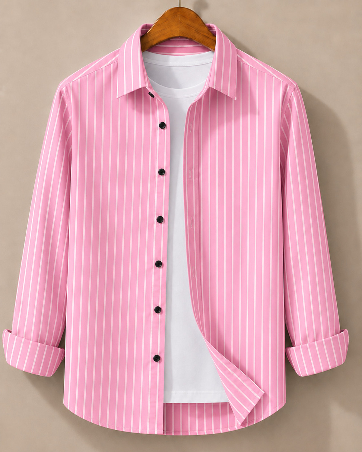Image of JACKBELLA Men Striped Casual Pink Shirt