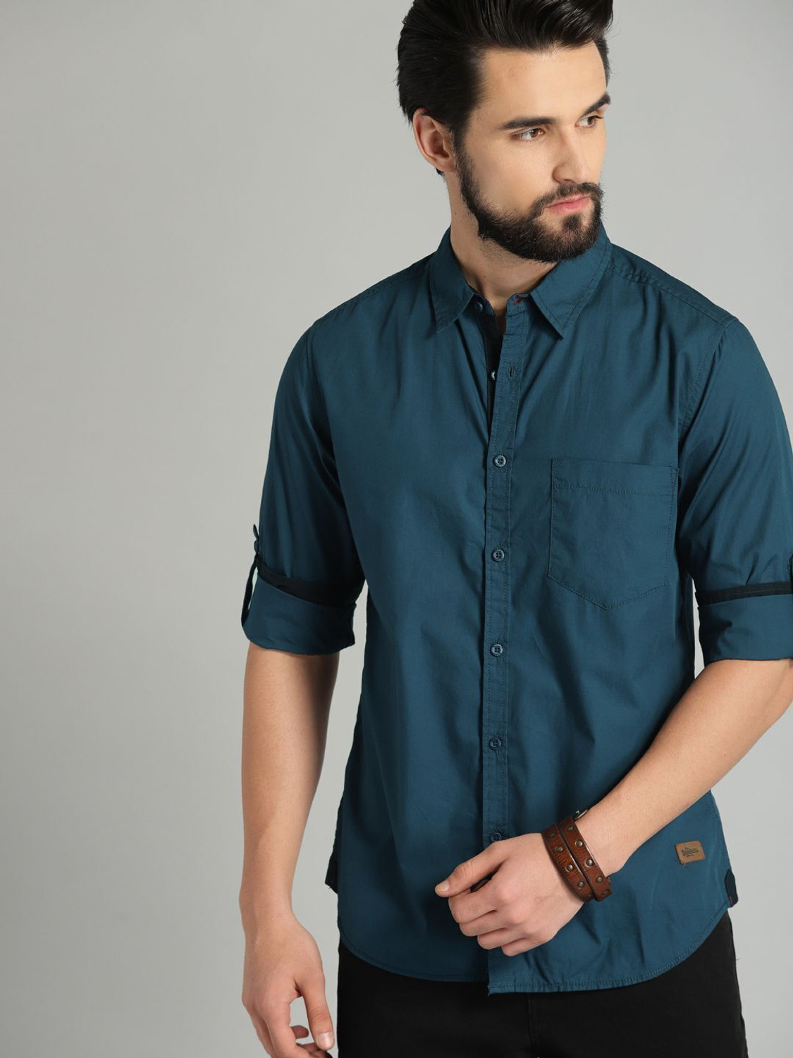 Image of Roadster Men Solid Casual Dark Blue Shirt