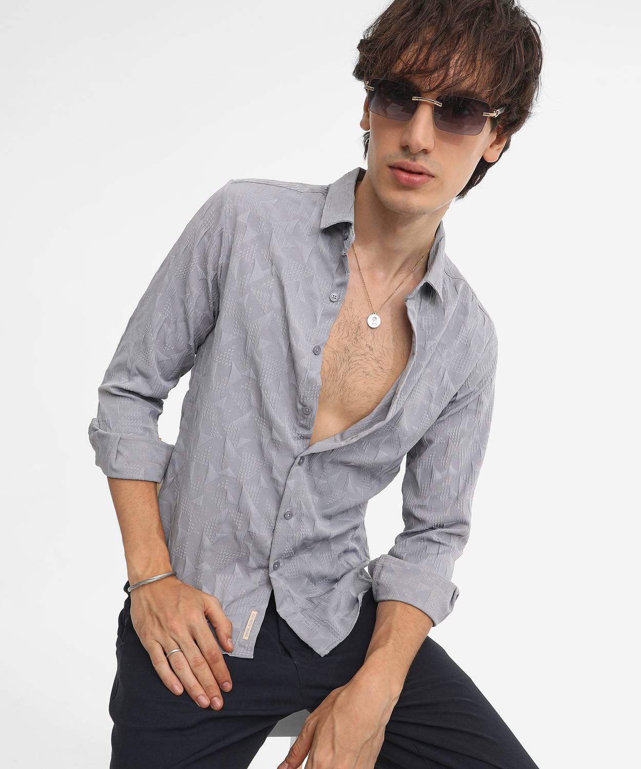 CAHOOT Men Self Design Casual Grey Shirt