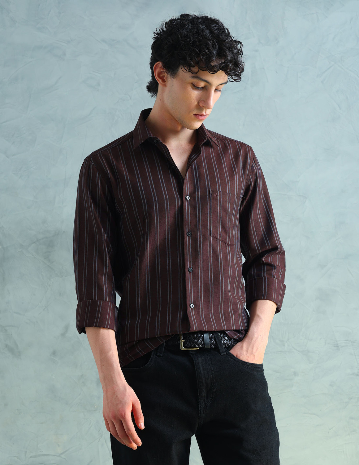 Image of ARROW Men Striped Formal Brown Shirt