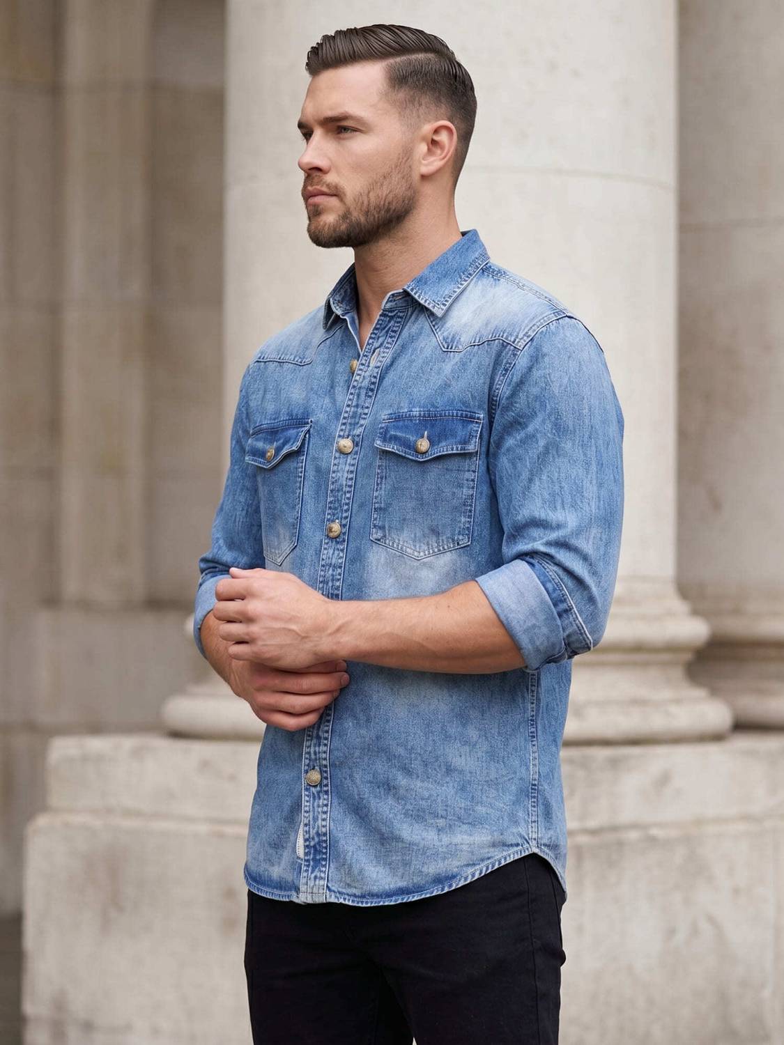 KUONS AVENUE Men Washed Casual Light Blue Shirt - Image 3