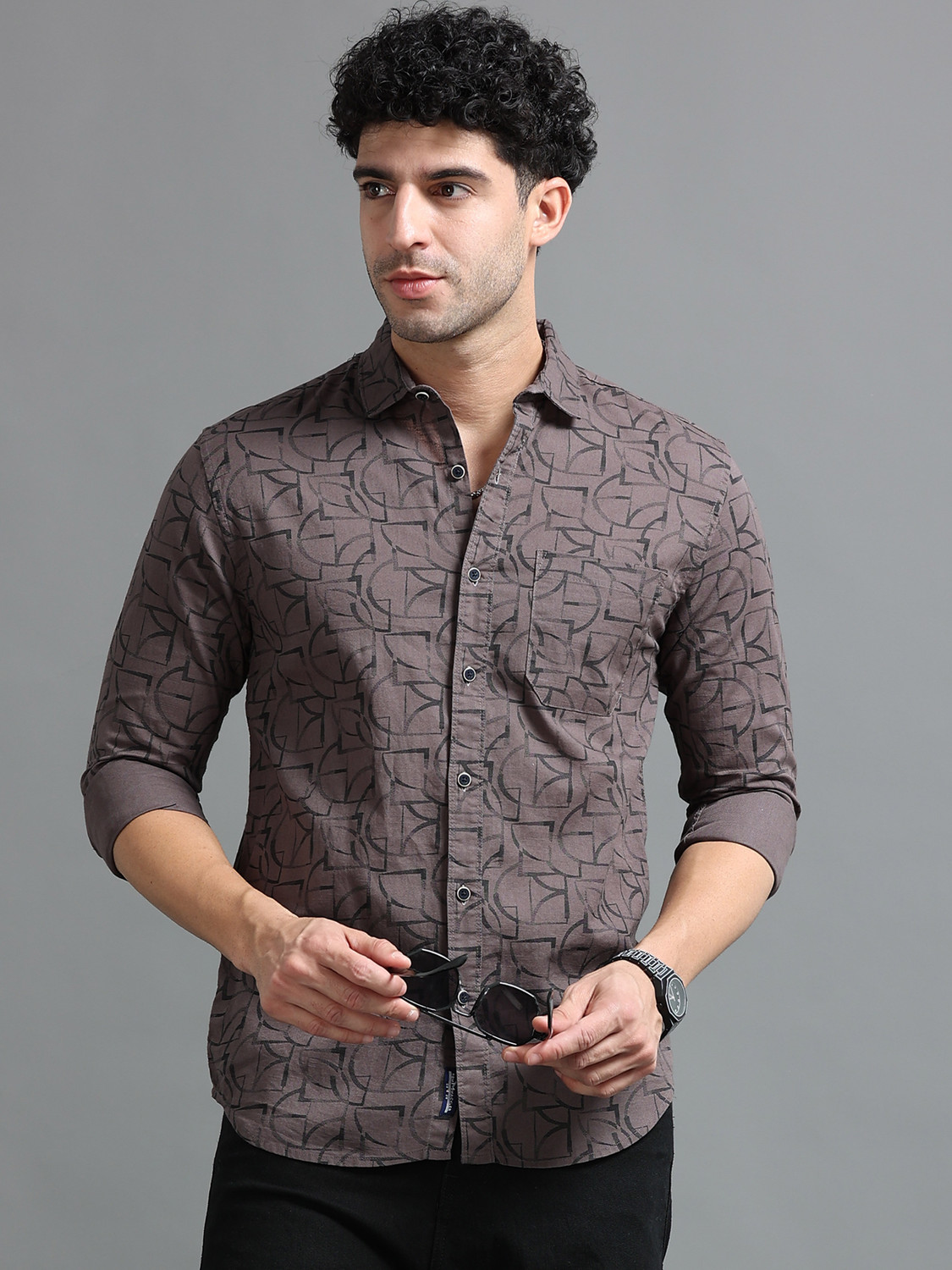 Image of Tom Mackler Men Printed Casual Brown Shirt