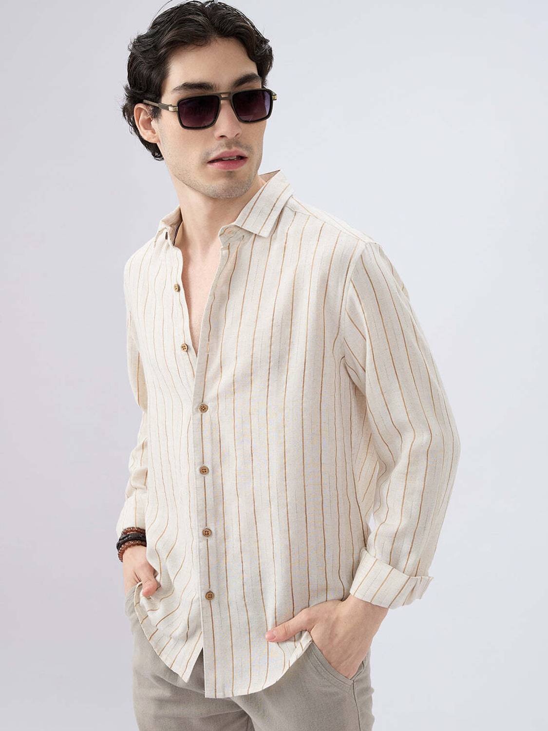 VASTRADO Men Beige Striped Casual Shirt - Image 5