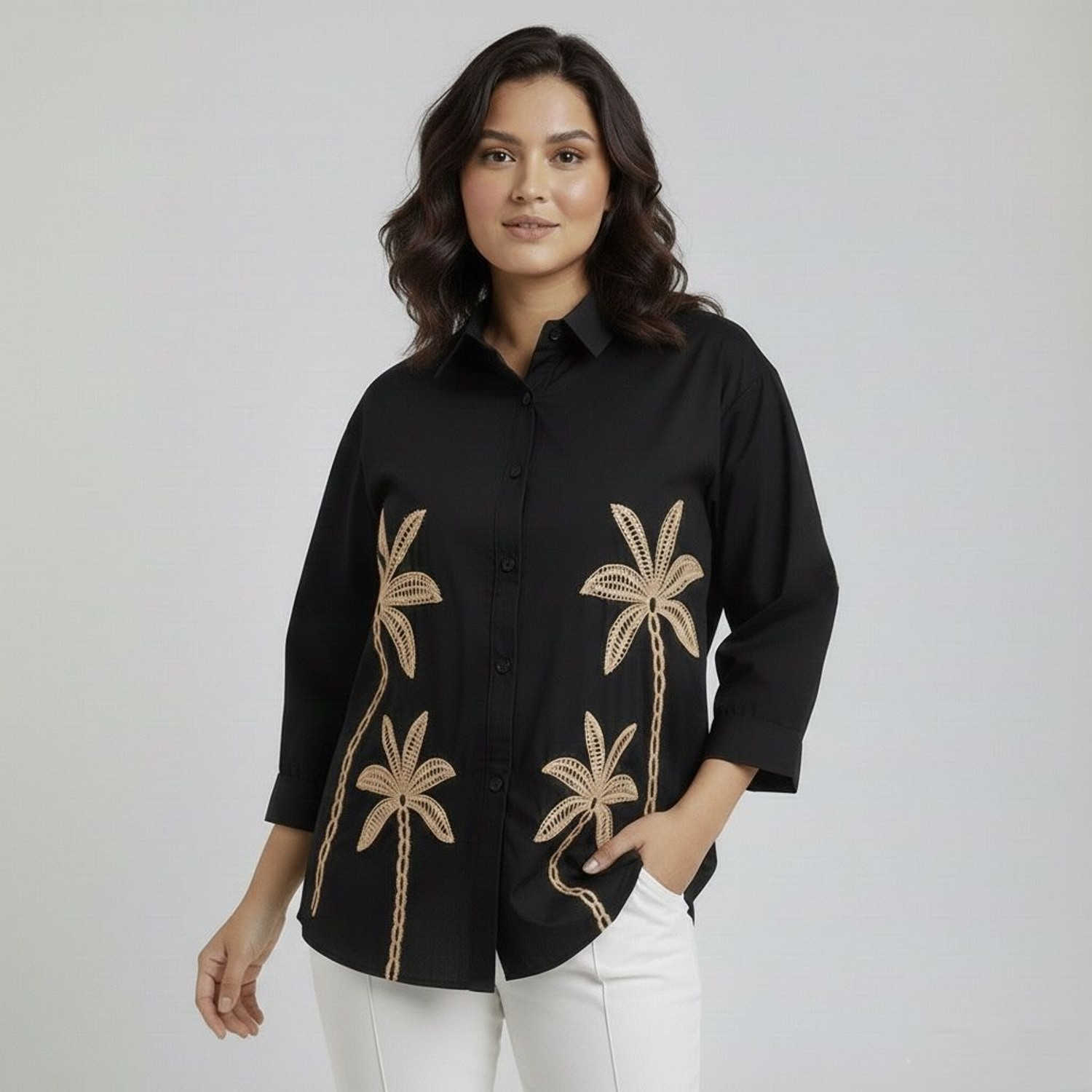 Image of weaRial Women Embroidered Casual Black Shirt