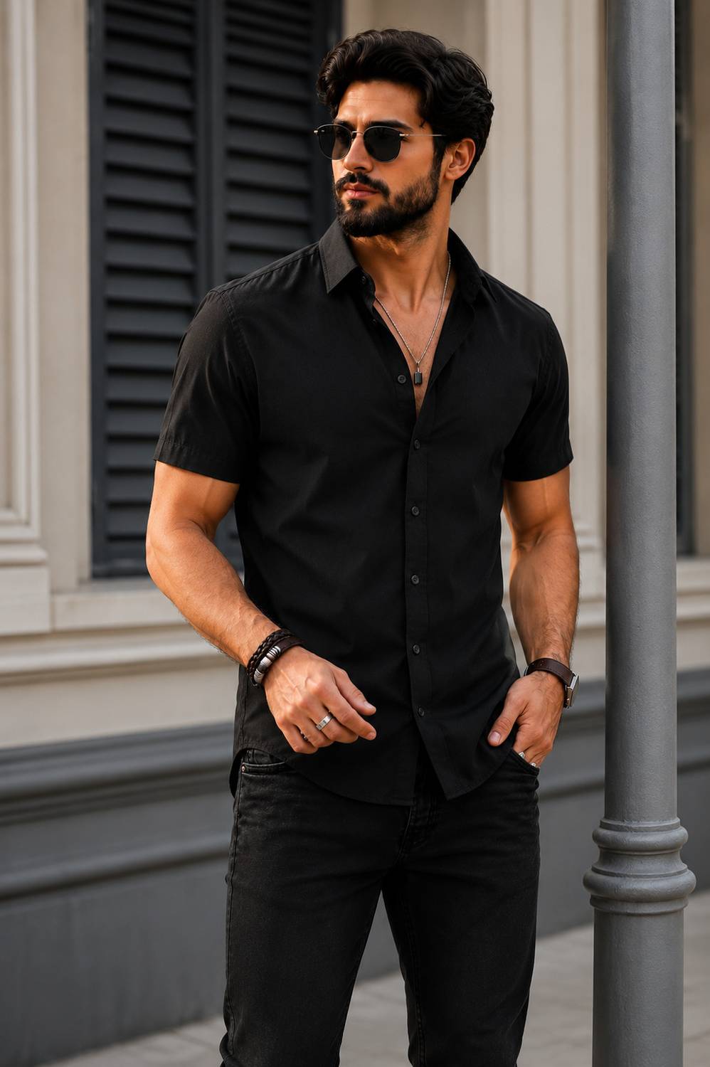 The Big Attire Men Solid Casual Black Shirt