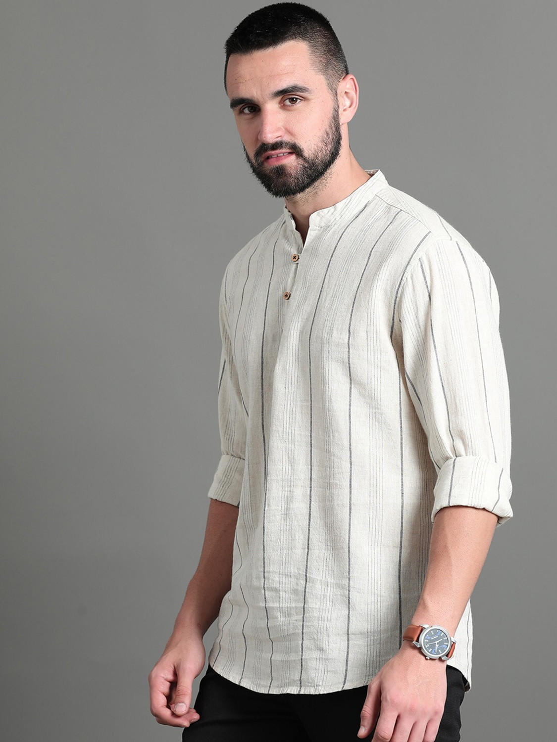 Image of HERE&NOW Men Striped Casual Cream Shirt
