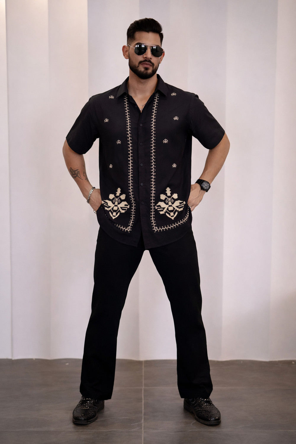 Image of zyromen Men Embroidered Casual Black Shirt