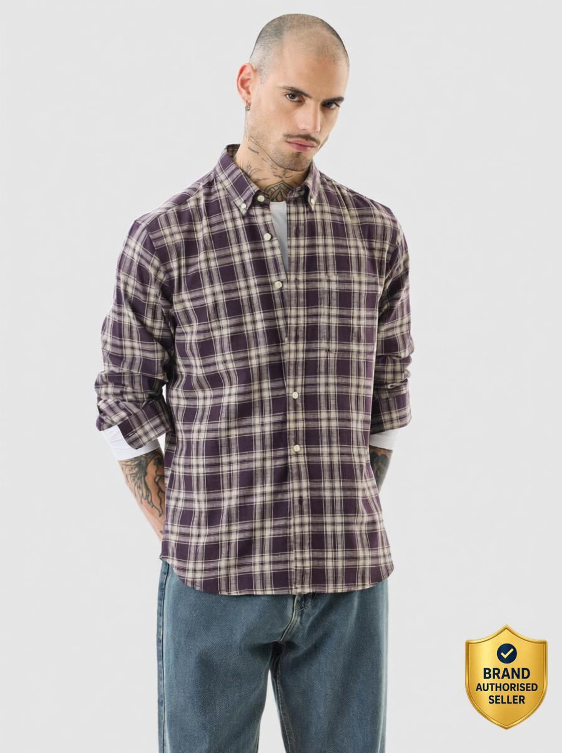 Image of Snitch Men Checkered Casual Purple Shirt