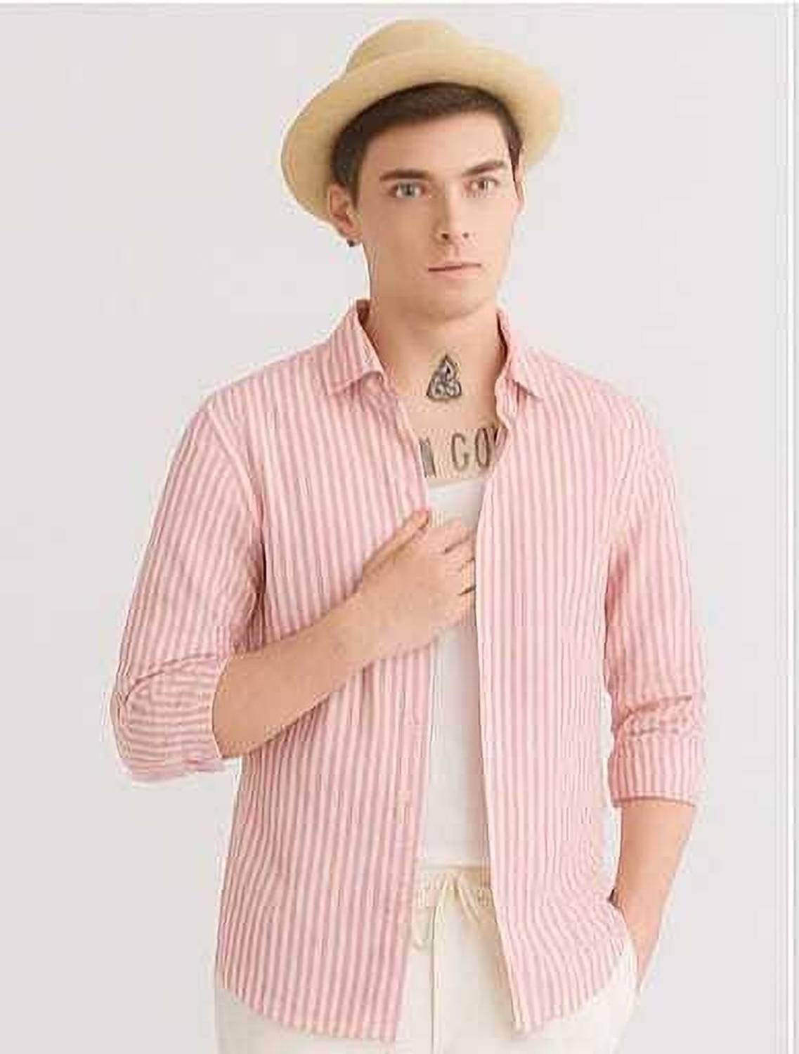 Mihit Lifestyle Men Striped Pink Shirt - Image 4