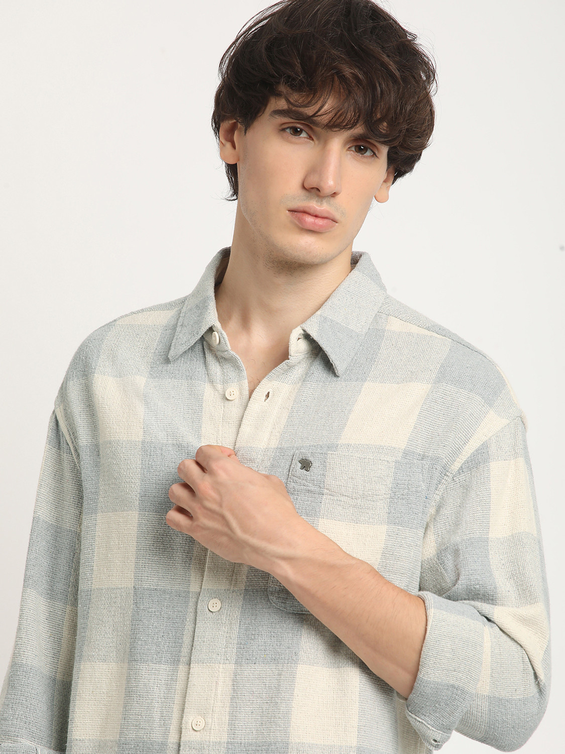 Image of THE BEAR HOUSE Men Checkered Casual Grey Shirt