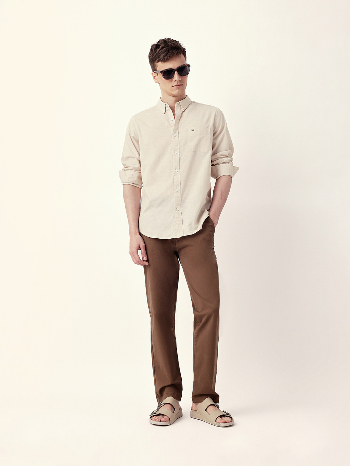 Image of THE BEAR HOUSE Men Solid Casual Cream Shirt