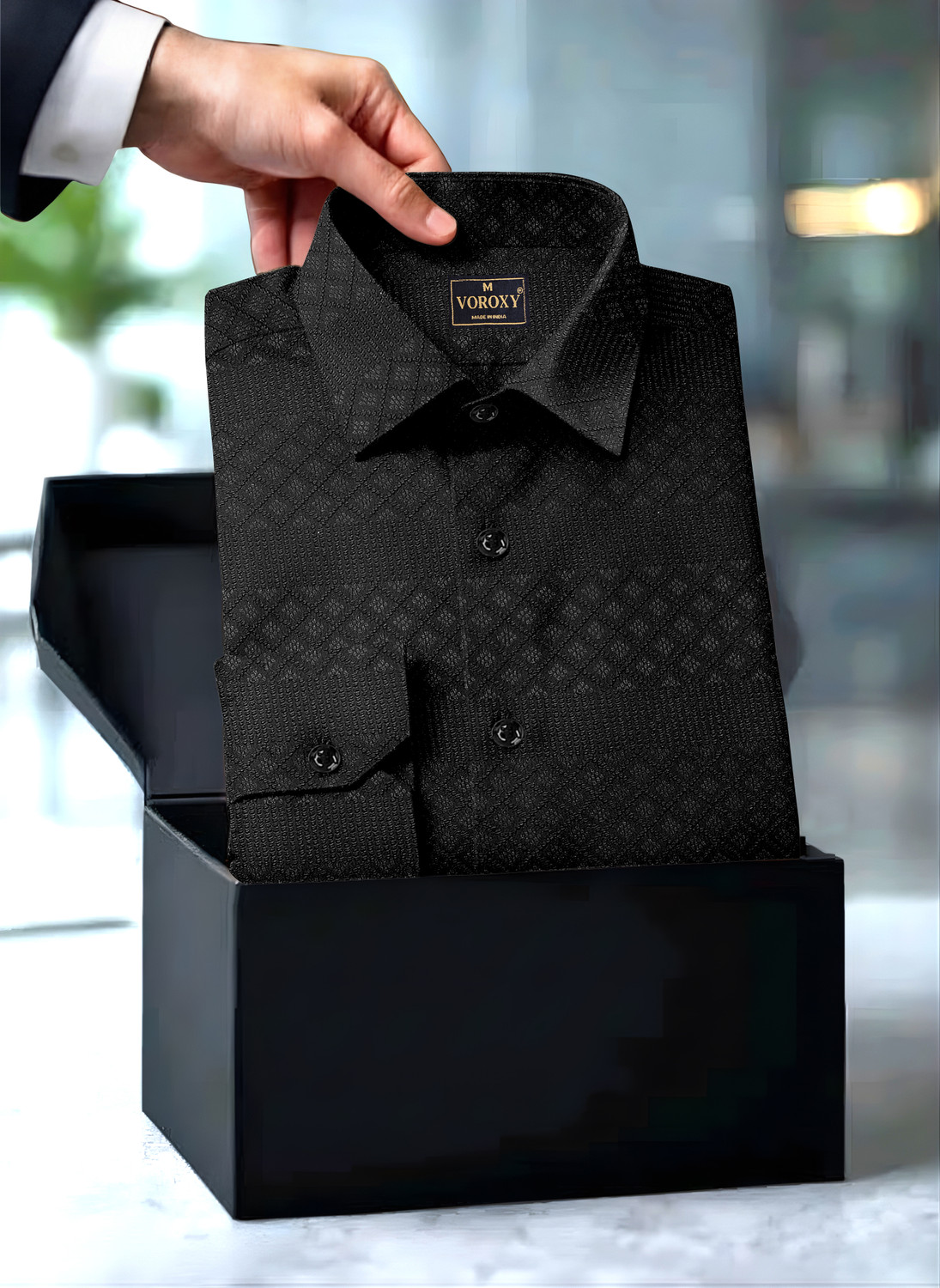 Image of Voroxy Men Self Design Casual Black Shirt