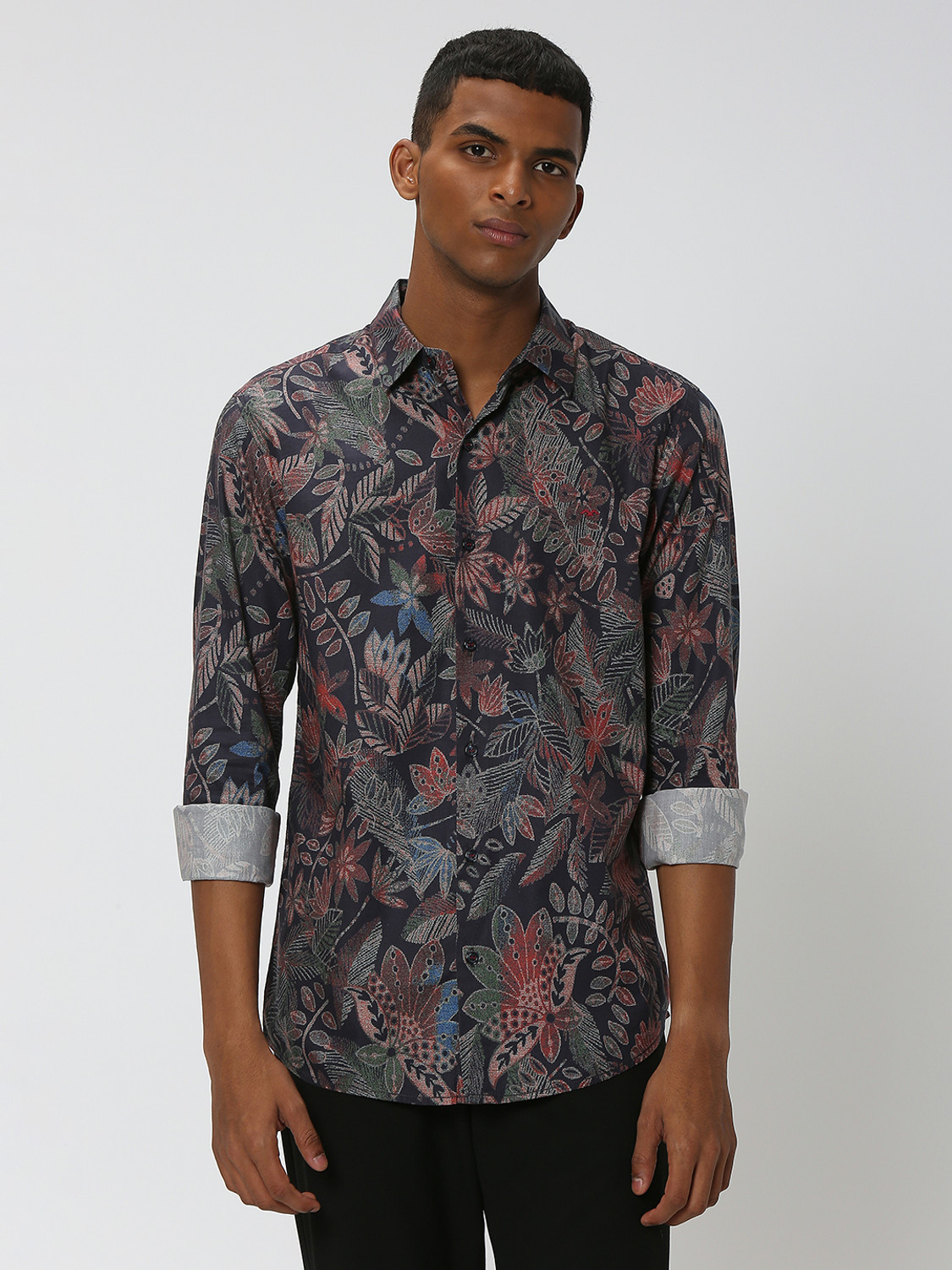 Image of MUFTI Men Floral Print Casual Dark Blue Shirt