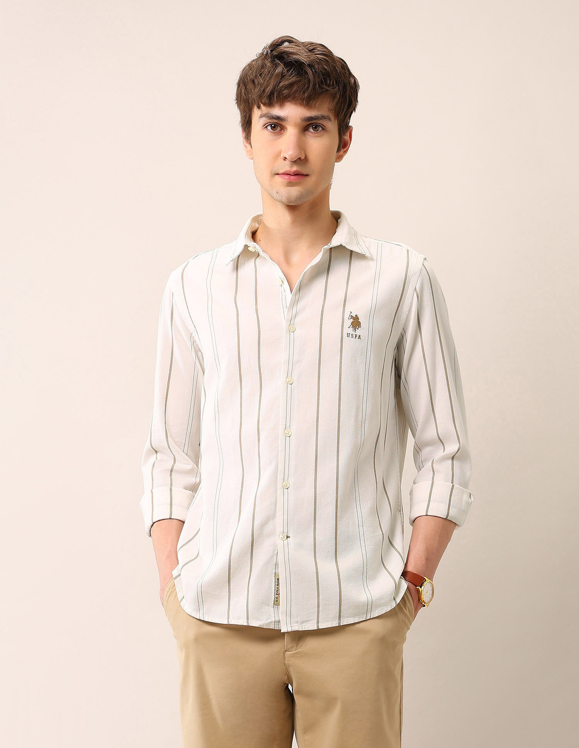 Image of U.S. Polo Assn. Denim Co. Men Striped Casual Beige Shirt