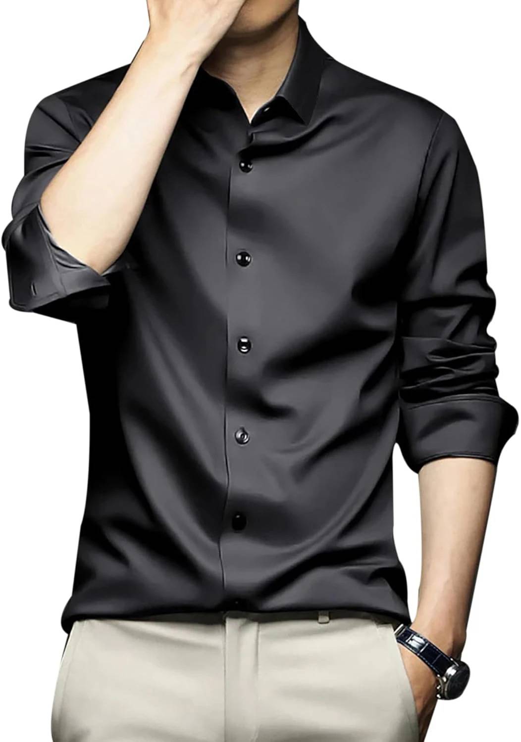DEEMOON Men Black Solid Formal Shirt - Image 1
