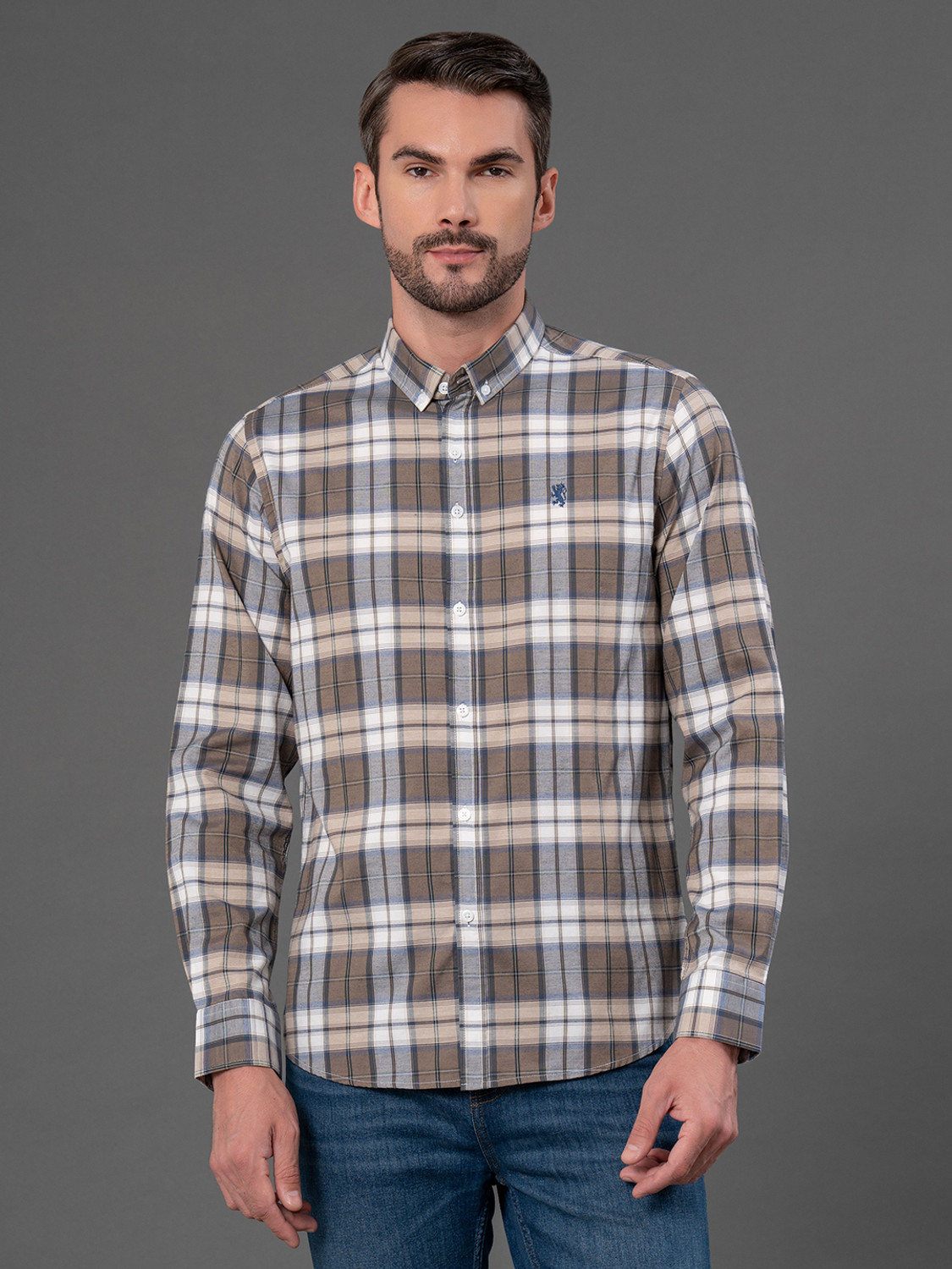 Image of RED TAPE Men Checkered Casual Brown Shirt
