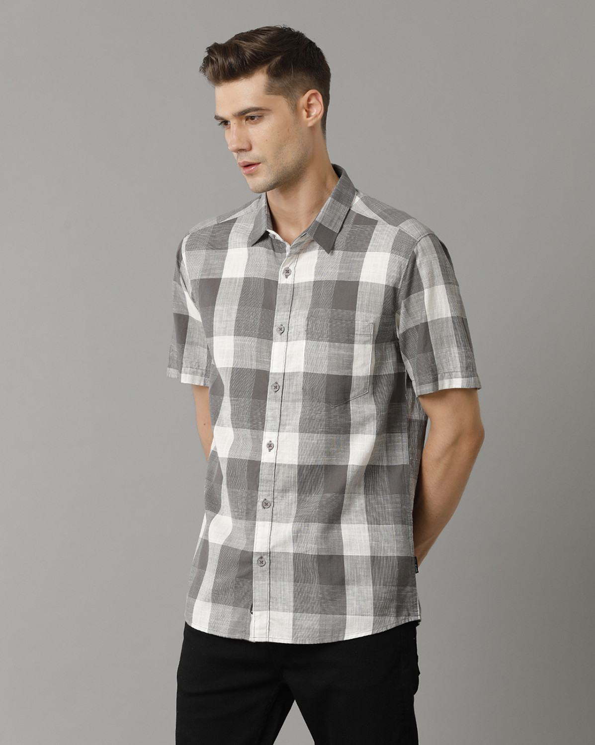 Image of VOI JEANS Men Checkered Casual Grey Shirt
