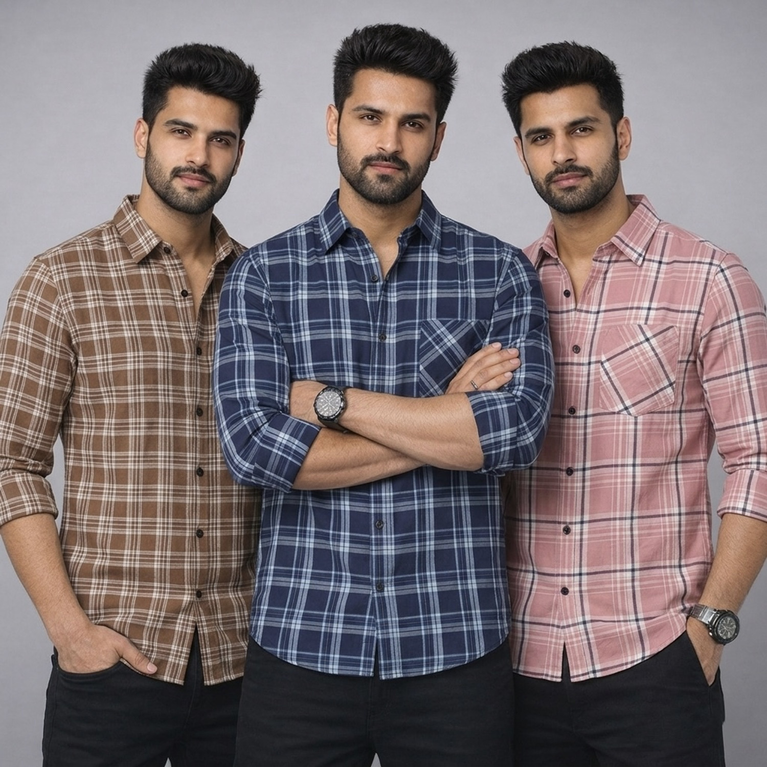 Image of MBF66 Men Checkered Casual Brown, Blue, Pink Shirt