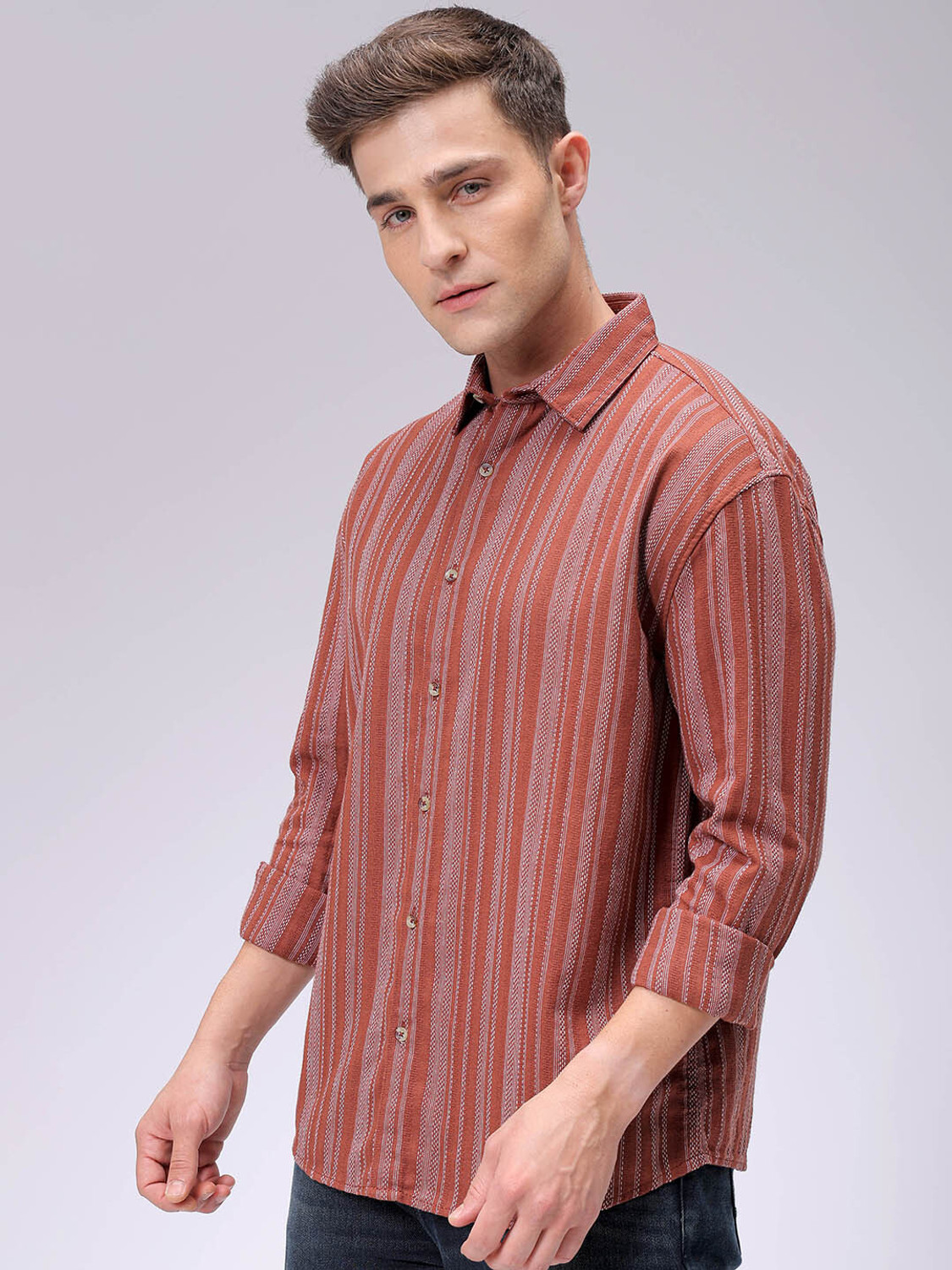 Image of The Indian Garage Co. Men Striped Casual Brown Shirt