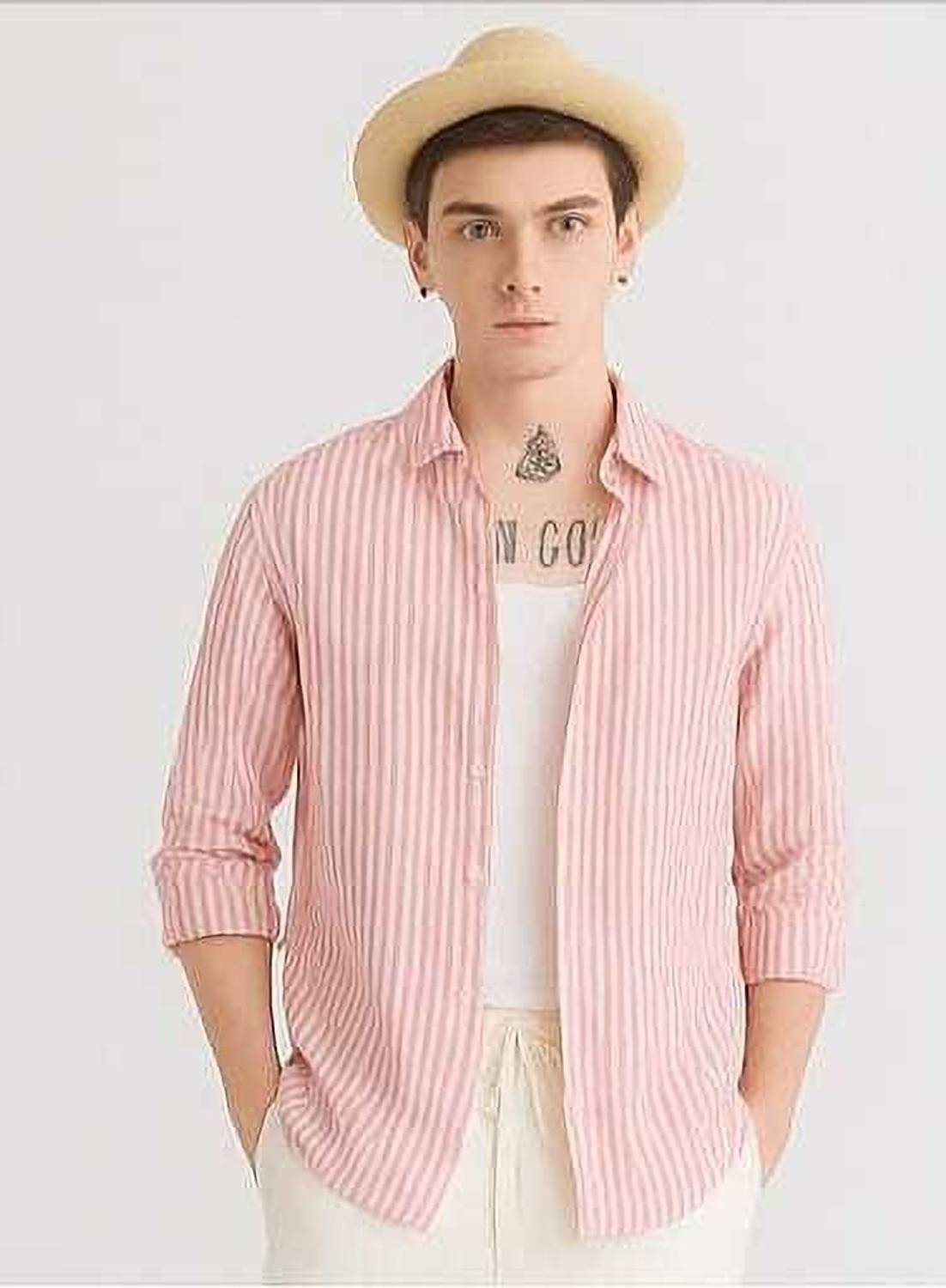 Mihit Lifestyle Men Striped Pink Shirt - Image 2
