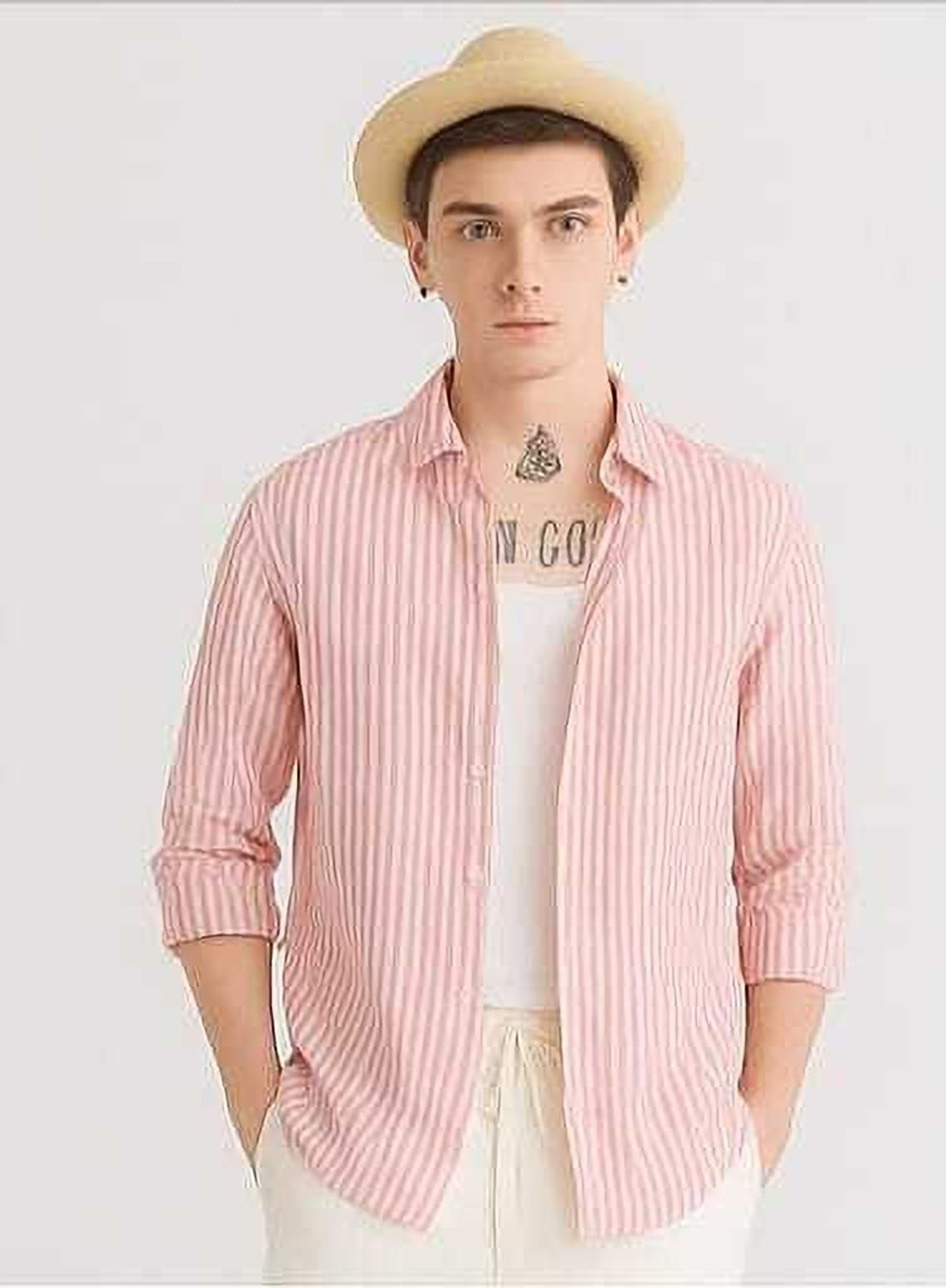 Image of Mihit Lifestyle Men Striped Casual Pink Shirt