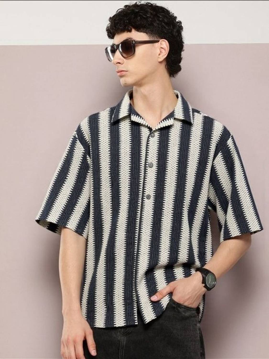 TOUGHTEES Men Striped Casual Shirt (Black, Beige)