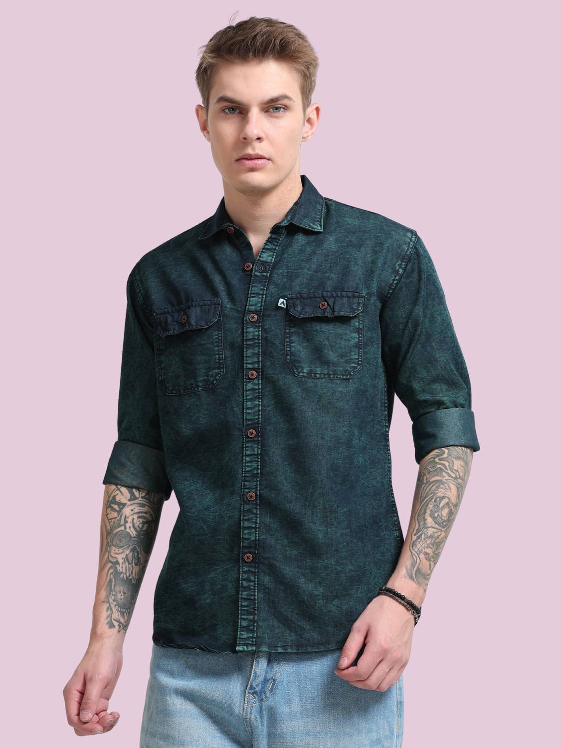 AIDAN Paul Men Washed Casual Green Shirt - Image 1