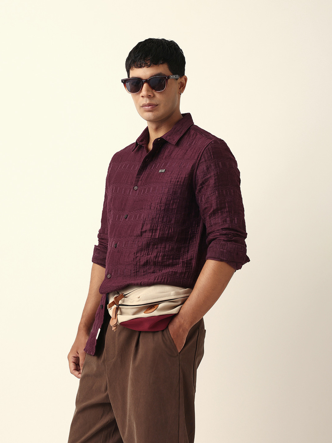Image of THE BEAR HOUSE Men Self Design Casual Maroon Shirt