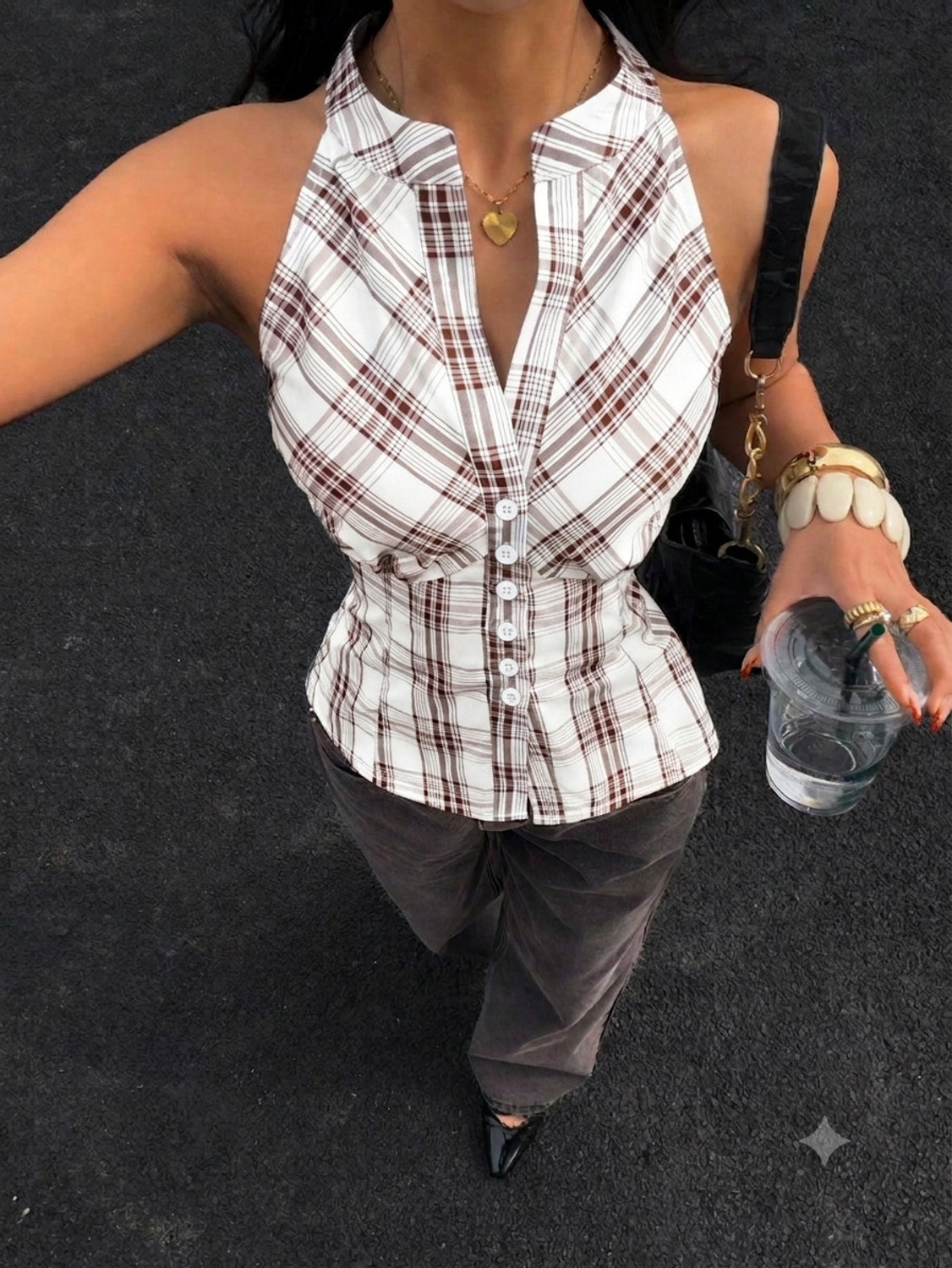 Image of KATECLO Women Checkered Casual White, Brown Shirt