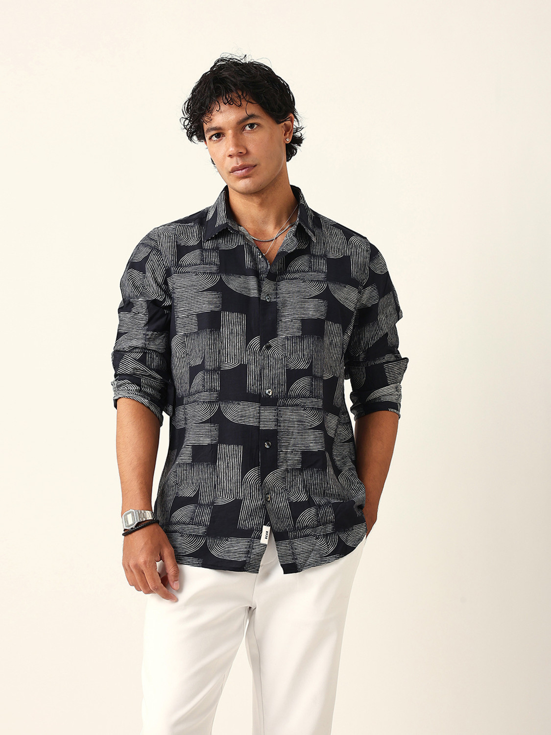 Image of THE BEAR HOUSE Men Self Design Casual Black Shirt