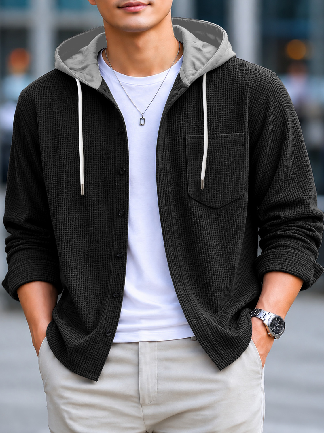 Image of EyeBogler Men Self Design Casual Black Shirt