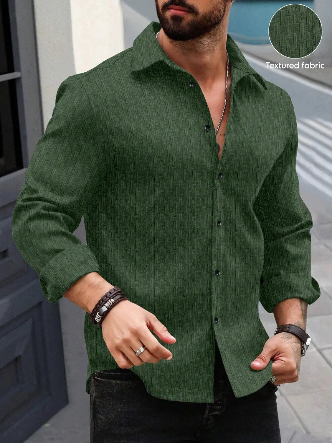 Image of DENEEJA Men Solid Casual Dark Green Shirt