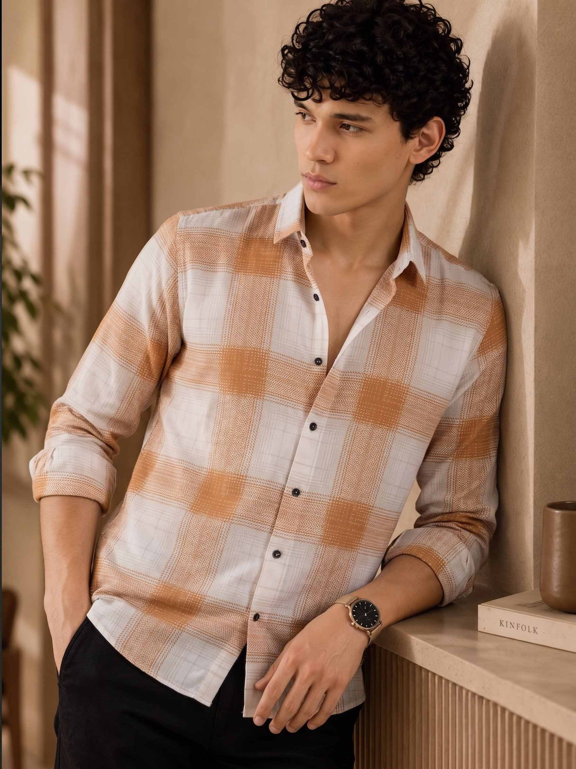 Image of ZONANZA Men Checkered Casual White, Brown Shirt