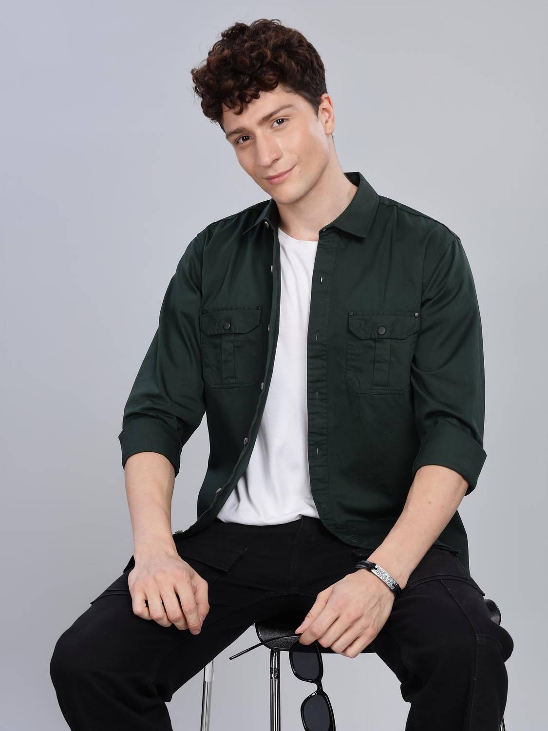 7th Legion Men Self Design Casual Dark Green Shirt
