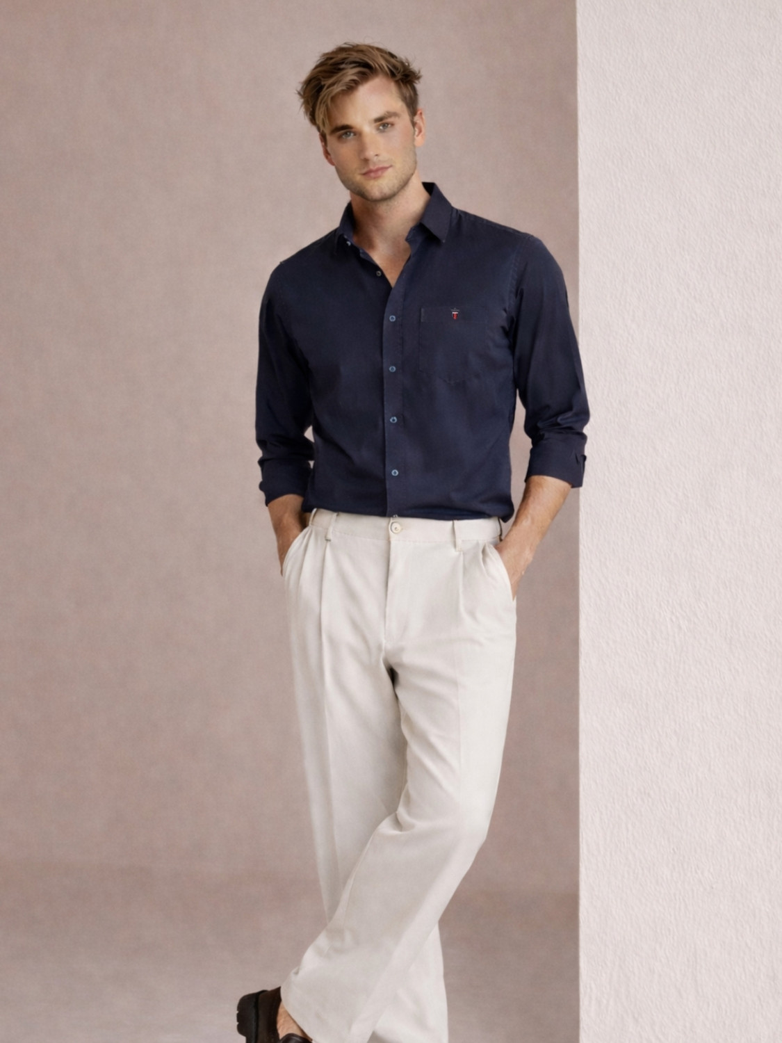 Image of LOUIS PHILIPPE Men Solid Casual Dark Blue Shirt