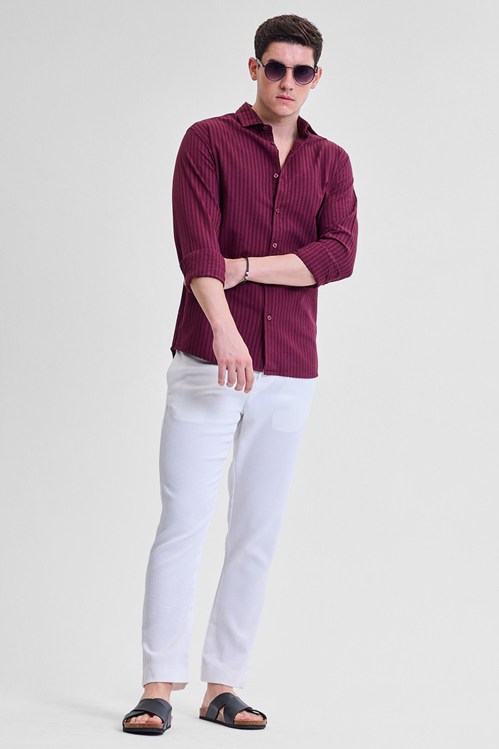 Image of Snitch Men Striped Casual Purple Shirt