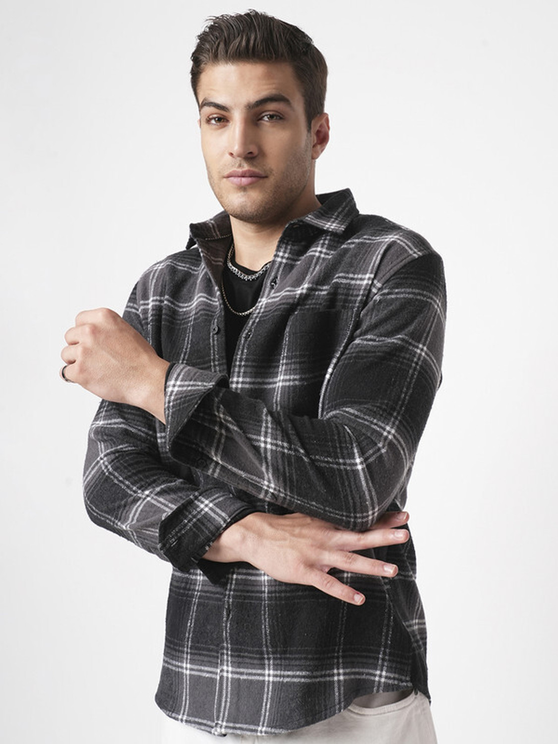 Image of VASTRADO Men Checkered Casual Black Shirt