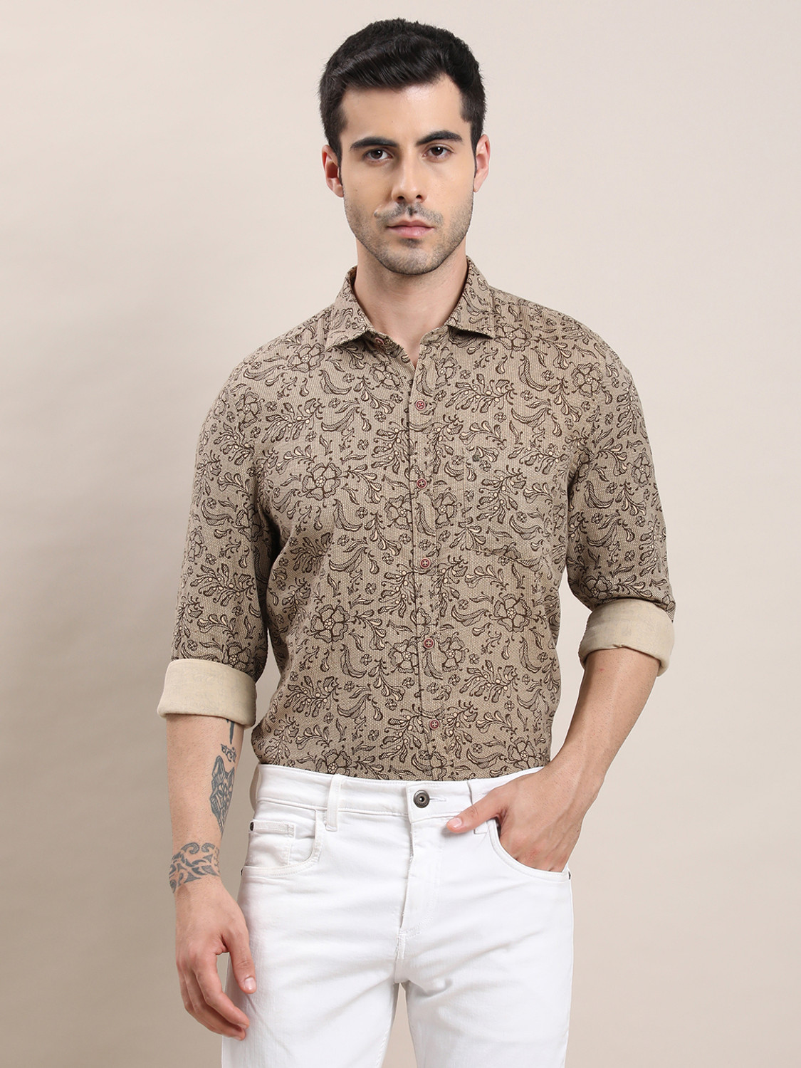 Image of TURTLE Men Printed Casual Brown Shirt