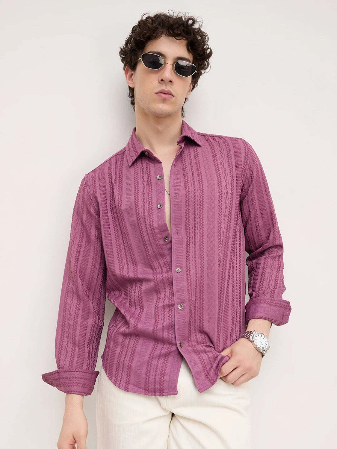 Image of VASTRADO Men Regular Fit Striped Cut Away Collar Casual Shirt