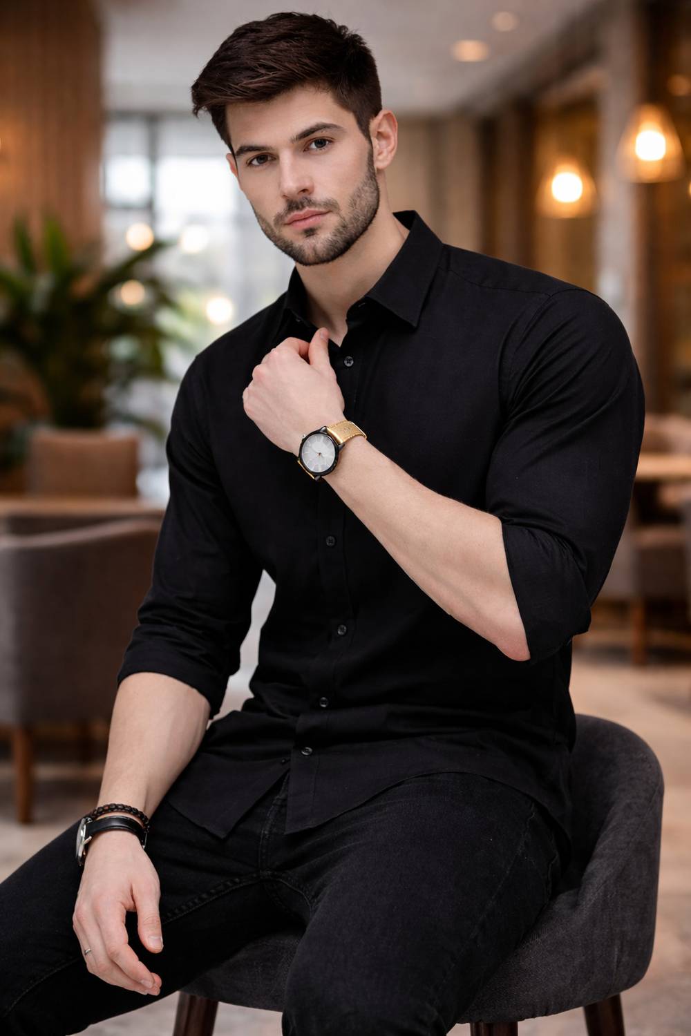 PRIVASTRAM Men Solid Casual Black Shirt