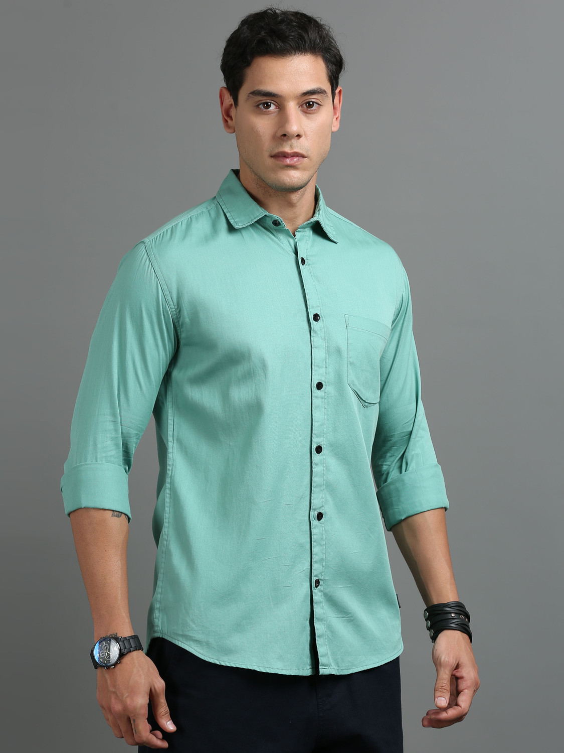 Image of tallwalker Men Solid Casual Light Green Shirt