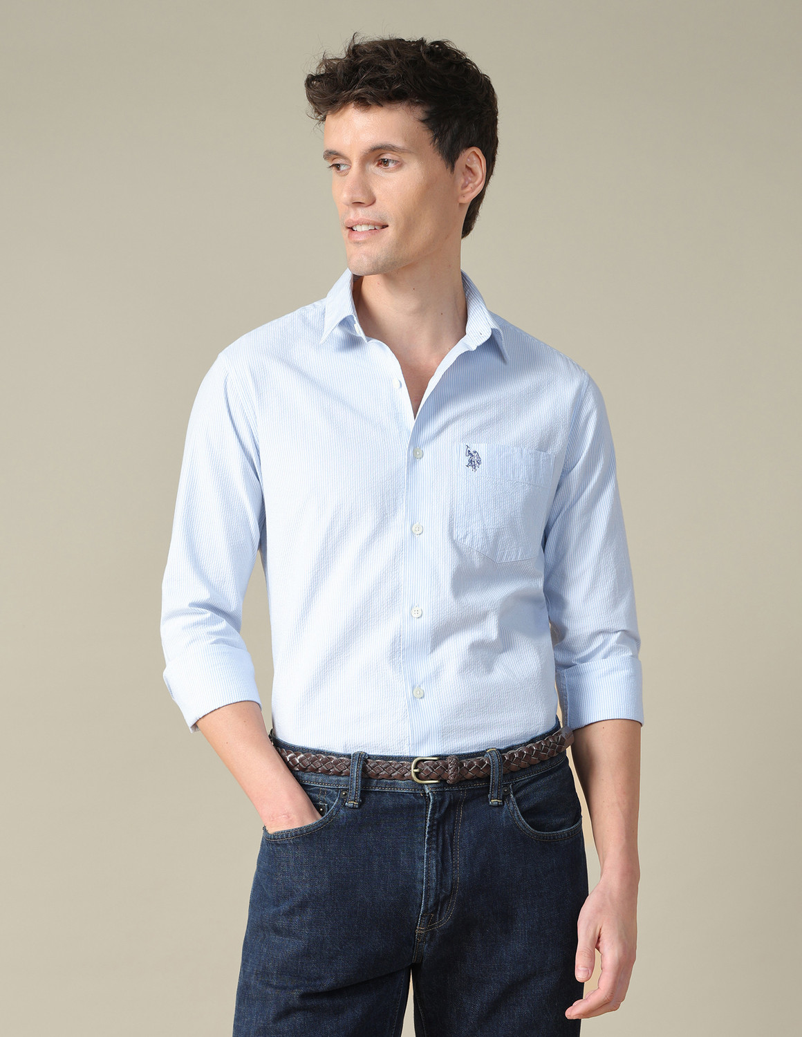 U.S. POLO ASSN. Men Striped Casual Blue Shirt