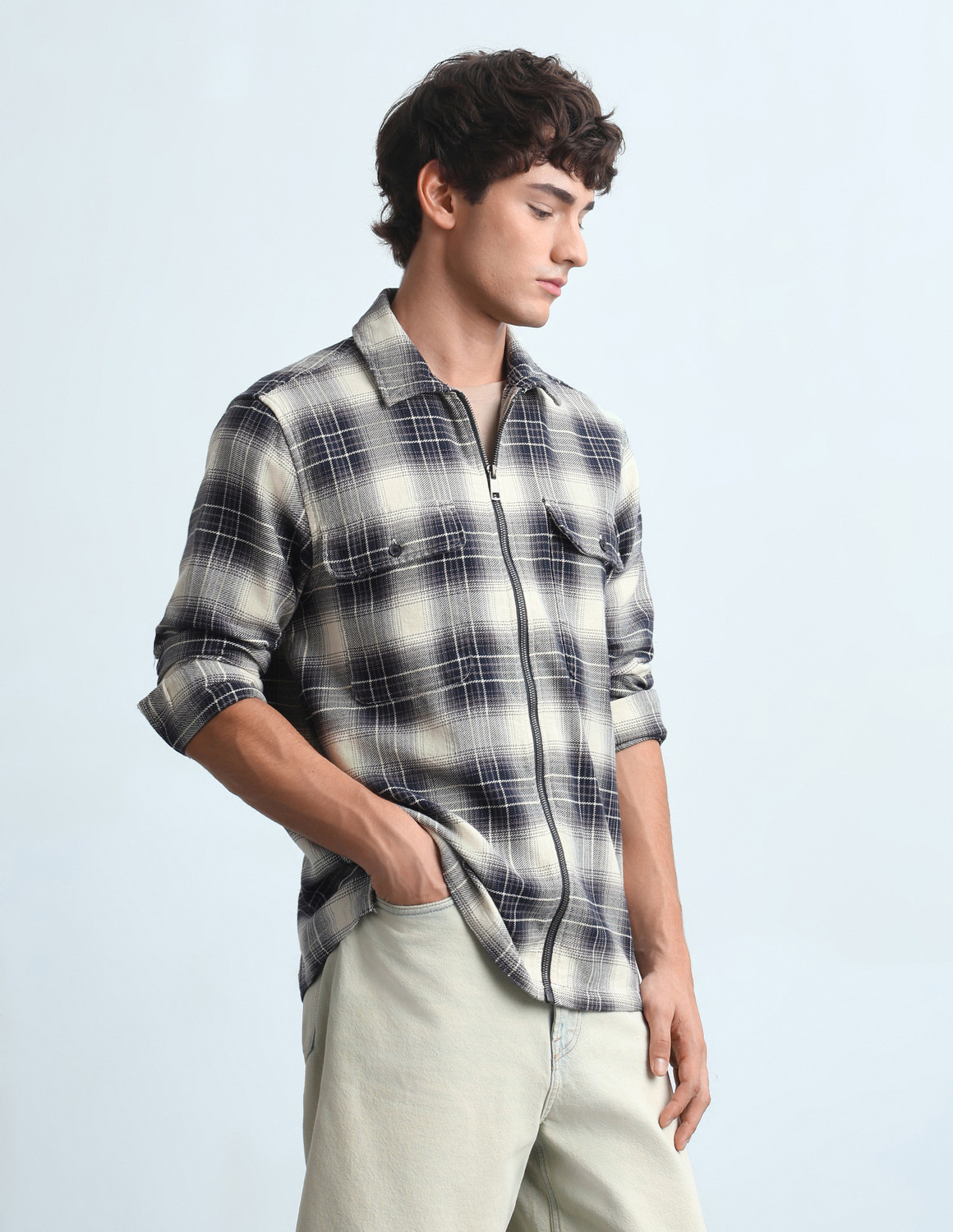 Image of FLYING MACHINE Men Checkered Casual White Shirt